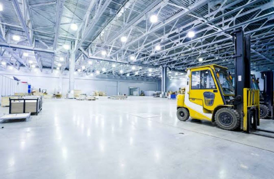 Industrial warehouse with bright LED lighting